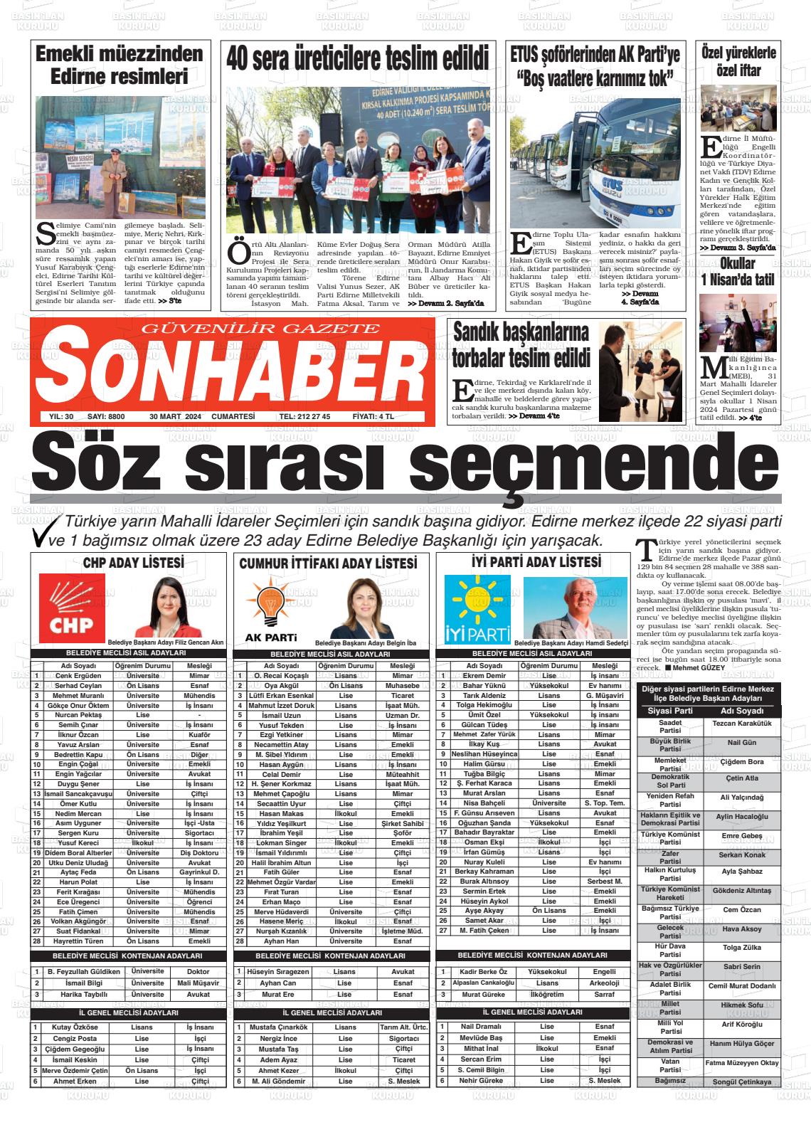 30 Mart 2024 Son Haber  - Edirne Son Haber Gazete Manşeti