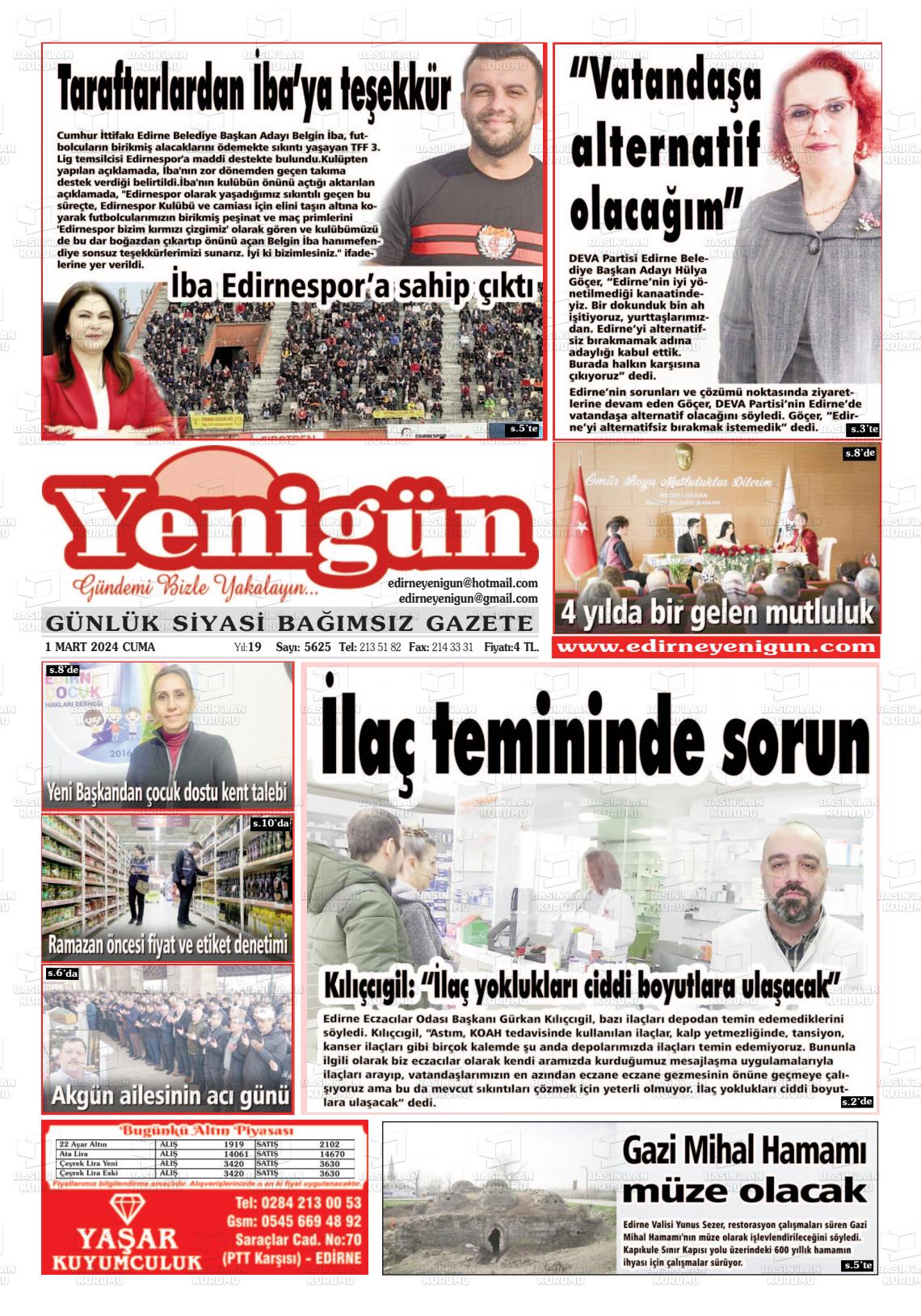 01 Mart 2024 Edirne Yenigün Gazete Manşeti