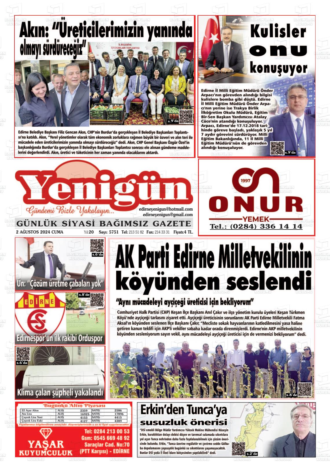 02 Ağustos 2024 Edirne Yenigün Gazete Manşeti