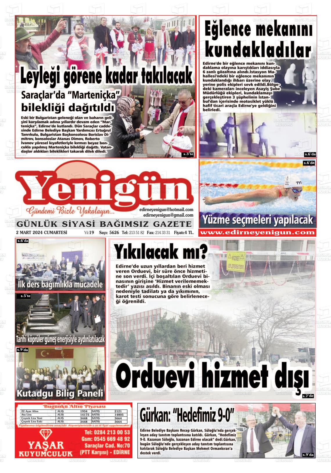 02 Mart 2024 Edirne Yenigün Gazete Manşeti