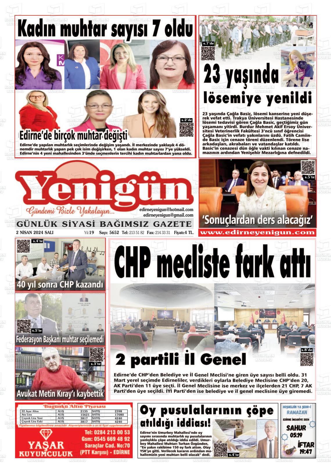 02 Nisan 2024 Edirne Yenigün Gazete Manşeti