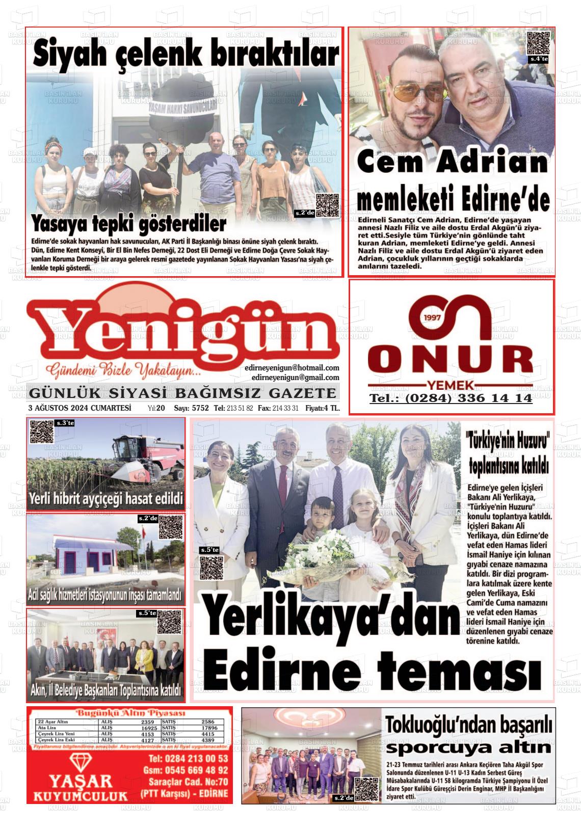 03 Ağustos 2024 Edirne Yenigün Gazete Manşeti