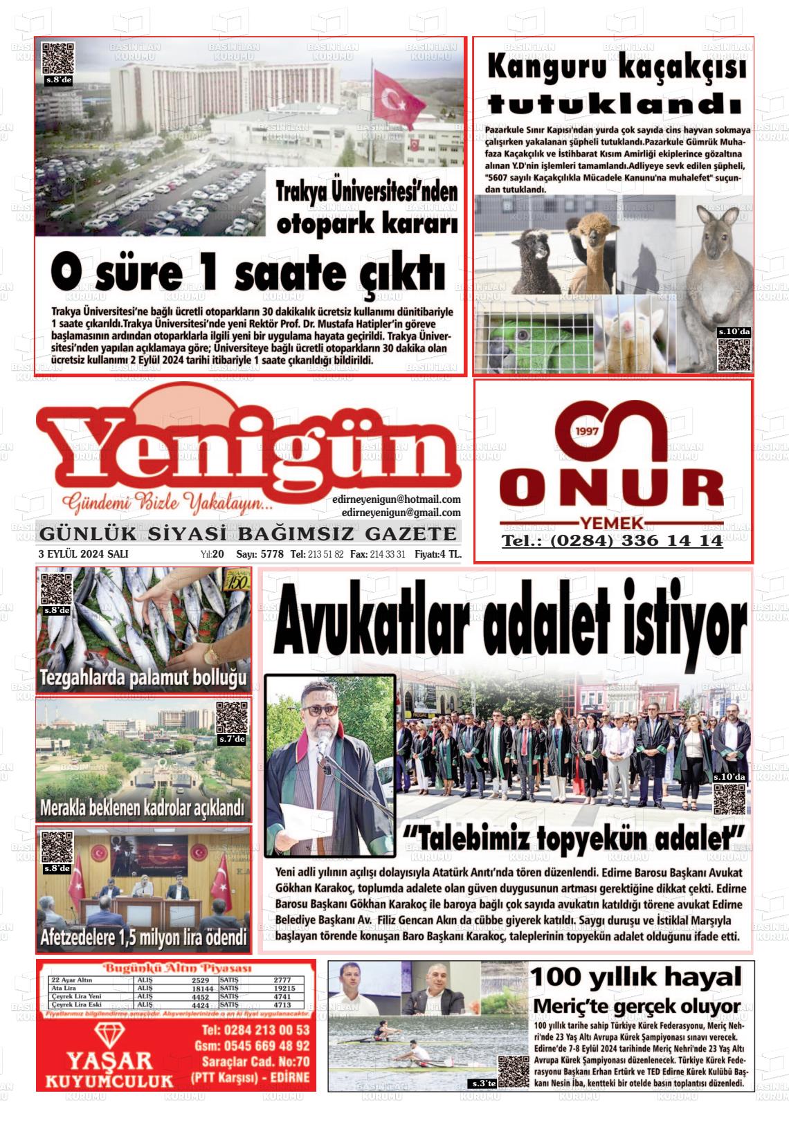 03 Eylül 2024 Edirne Yenigün Gazete Manşeti