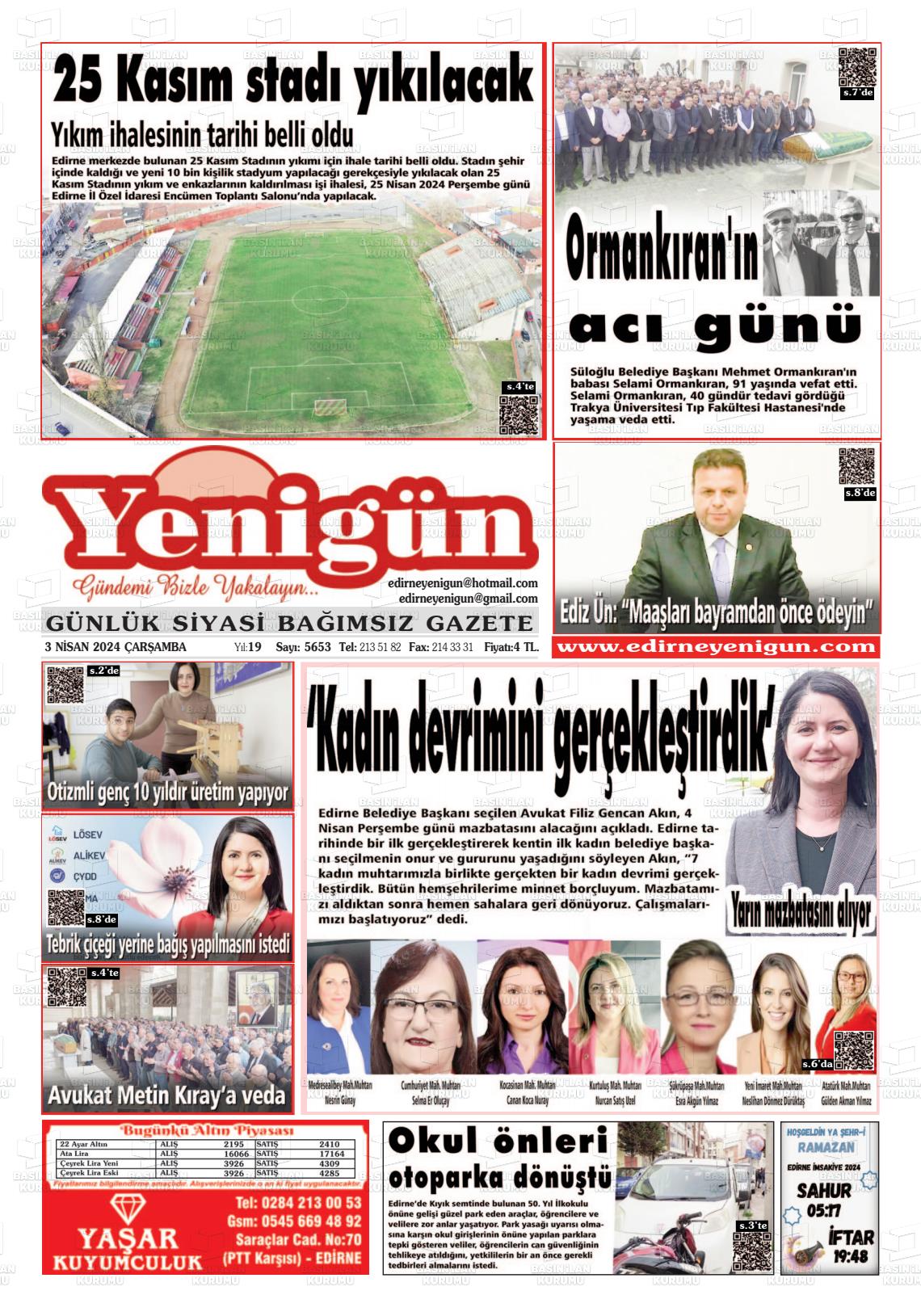 03 Nisan 2024 Edirne Yenigün Gazete Manşeti