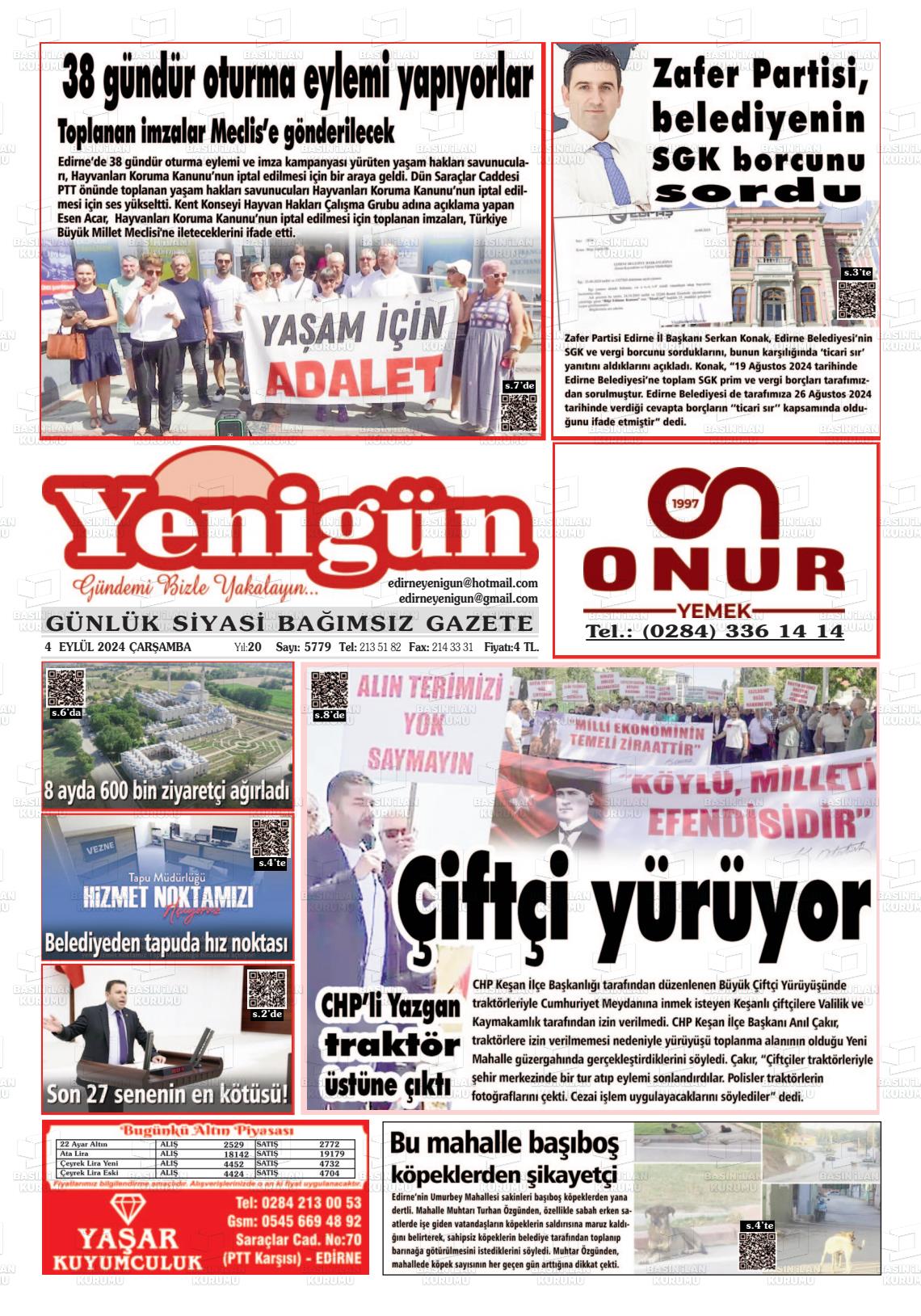 04 Eylül 2024 Edirne Yenigün Gazete Manşeti