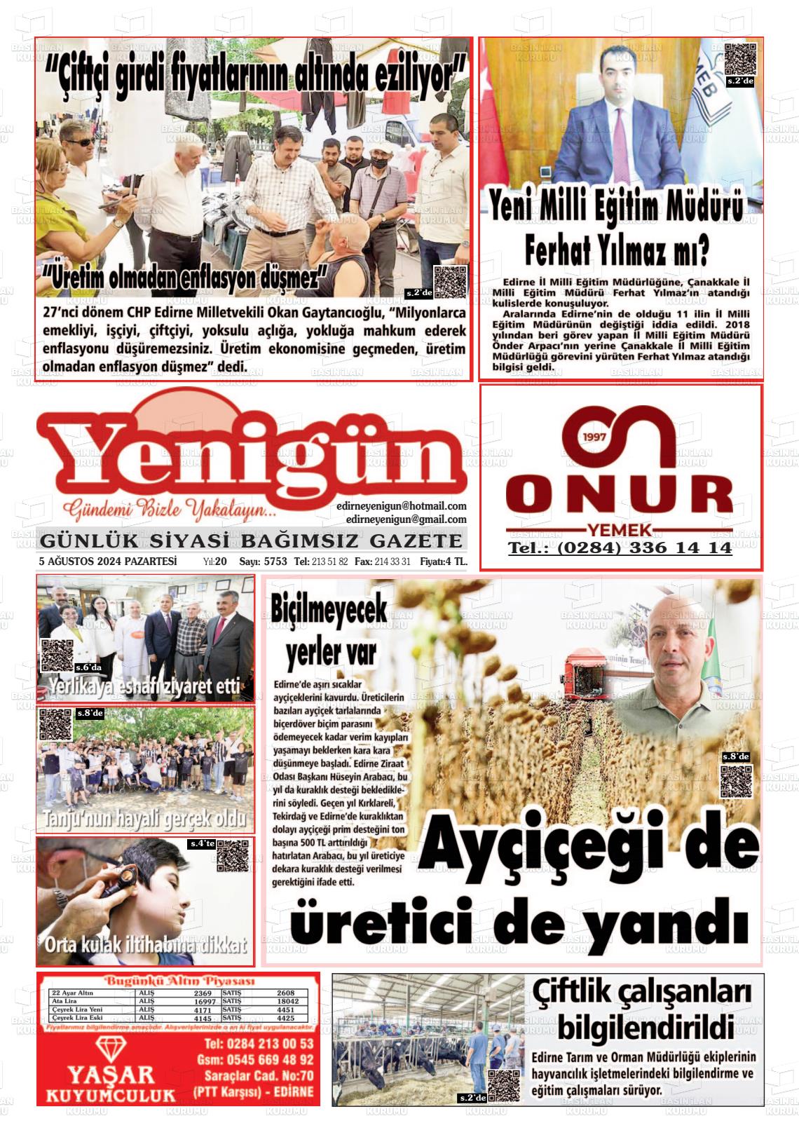 05 Ağustos 2024 Edirne Yenigün Gazete Manşeti