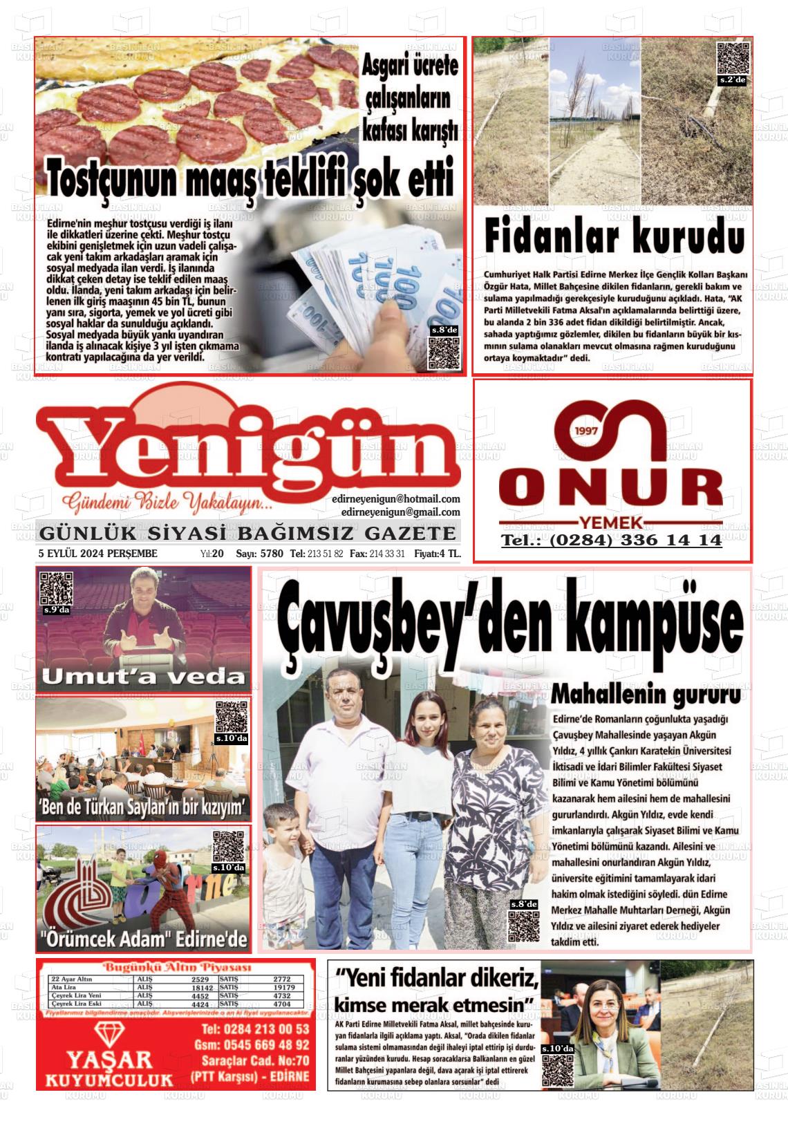 05 Eylül 2024 Edirne Yenigün Gazete Manşeti