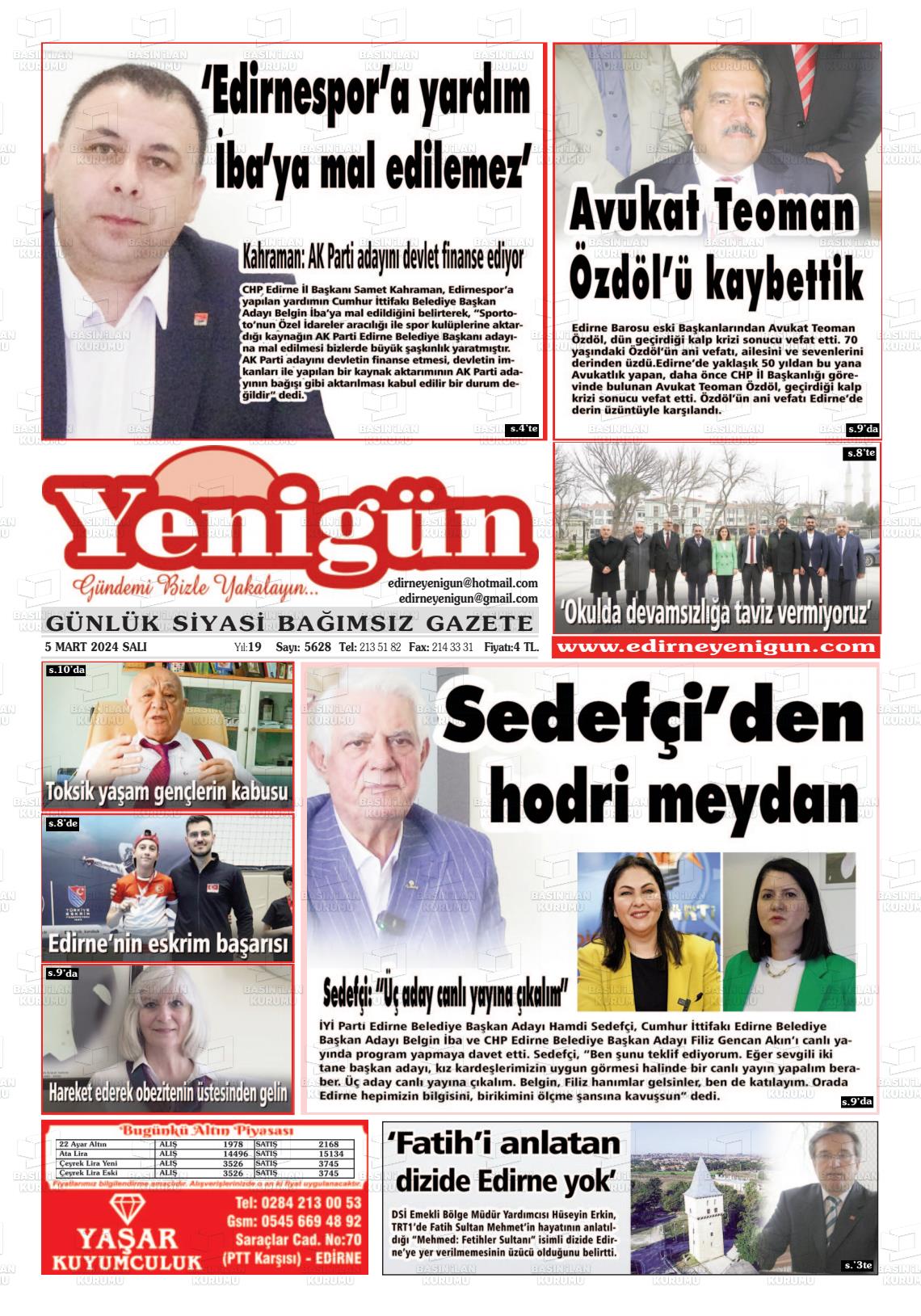 07 Mart 2024 Edirne Yenigün Gazete Manşeti