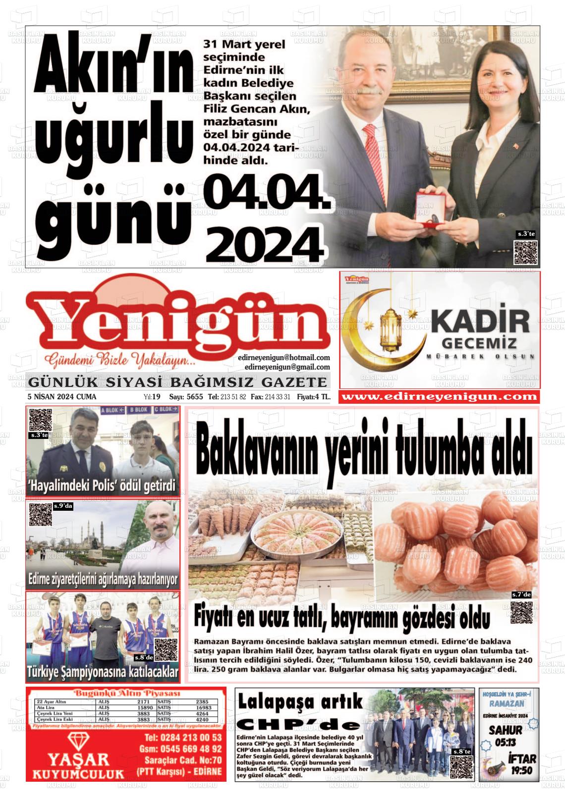 05 Nisan 2024 Edirne Yenigün Gazete Manşeti