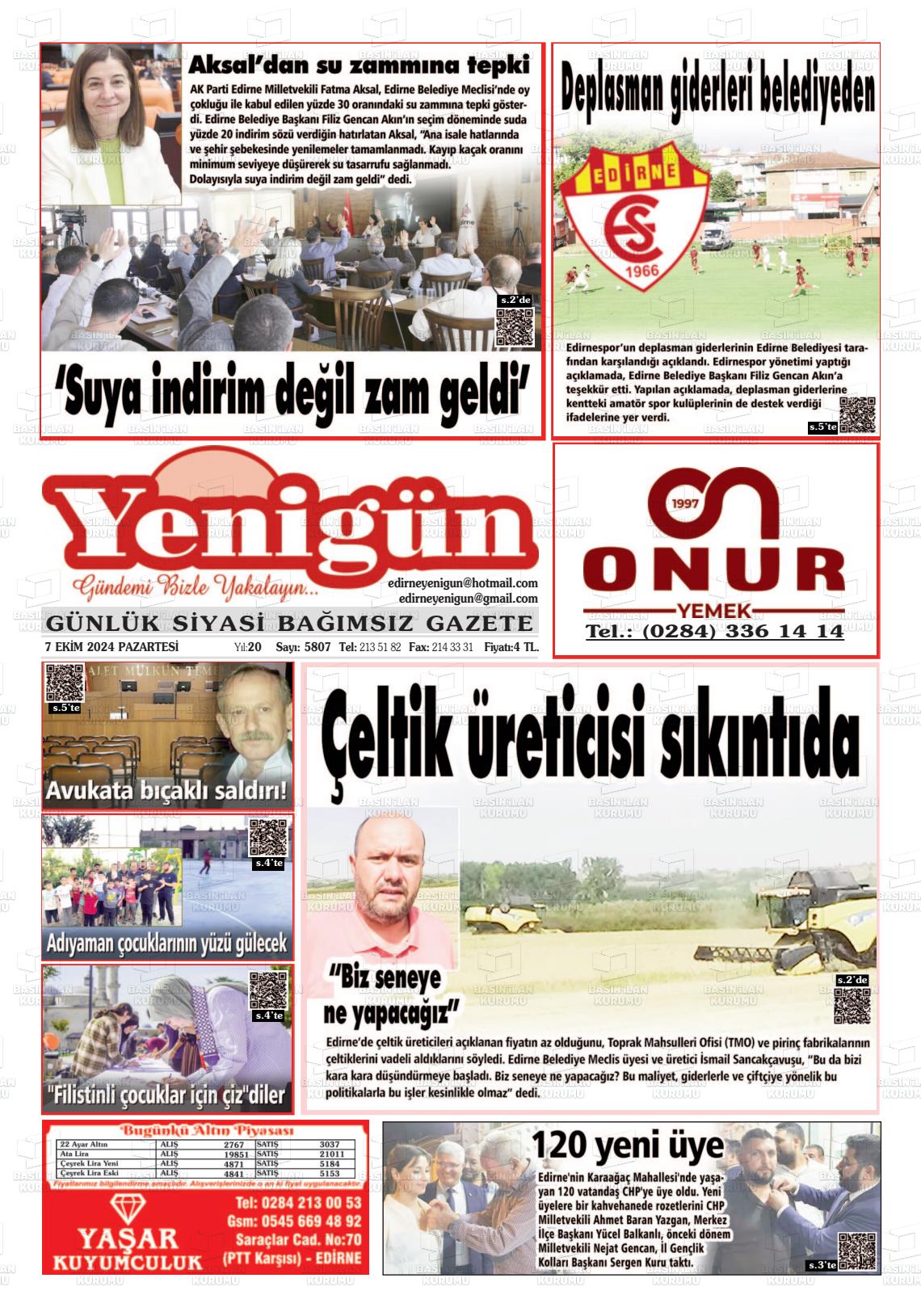 07 Ekim 2024 Edirne Yenigün Gazete Manşeti