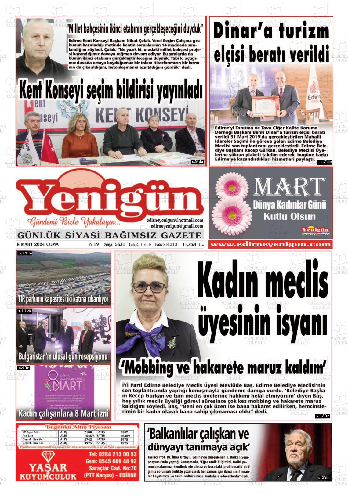 08 Mart 2024 Edirne Yenigün Gazete Manşeti