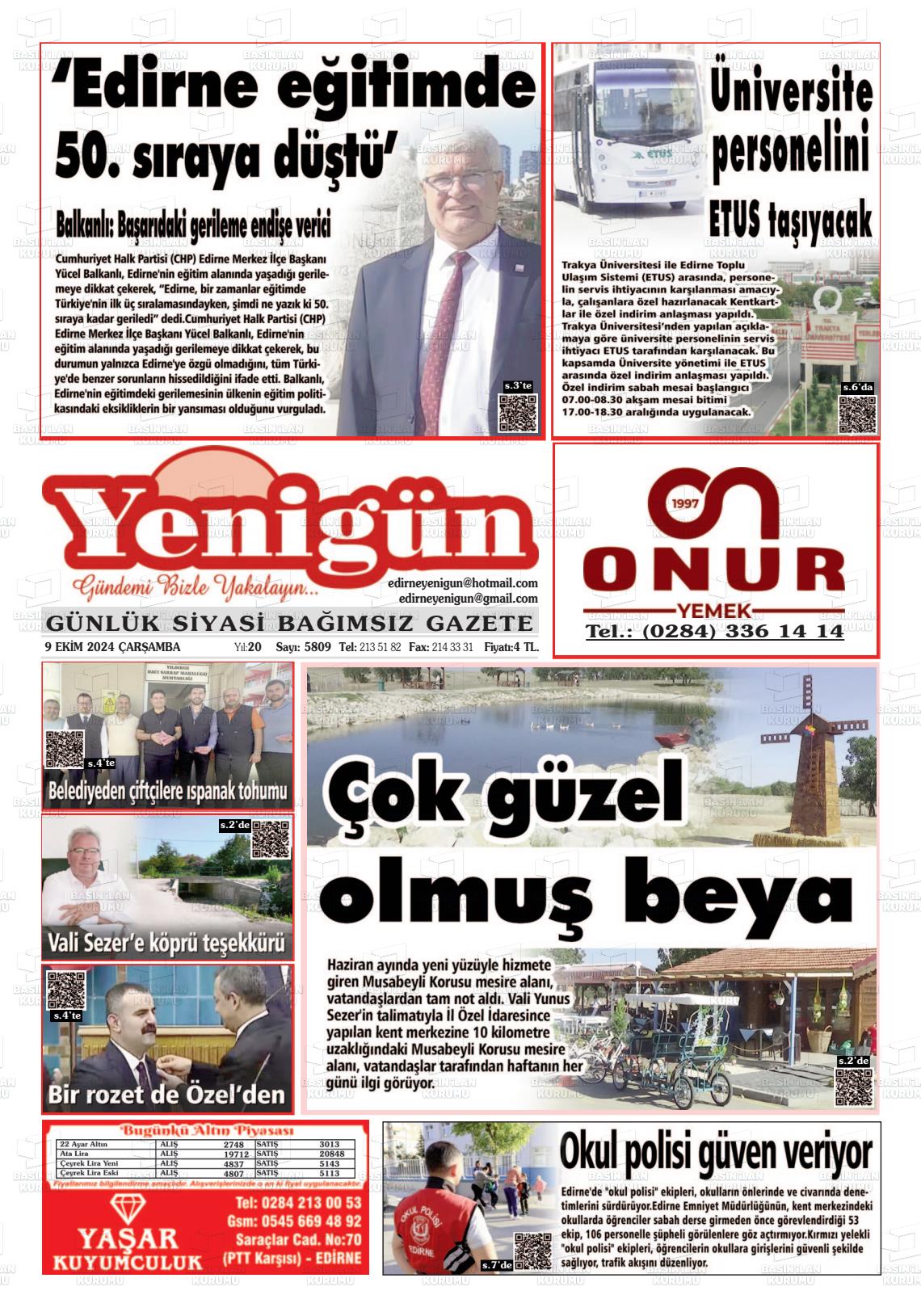 09 Ekim 2024 Edirne Yenigün Gazete Manşeti