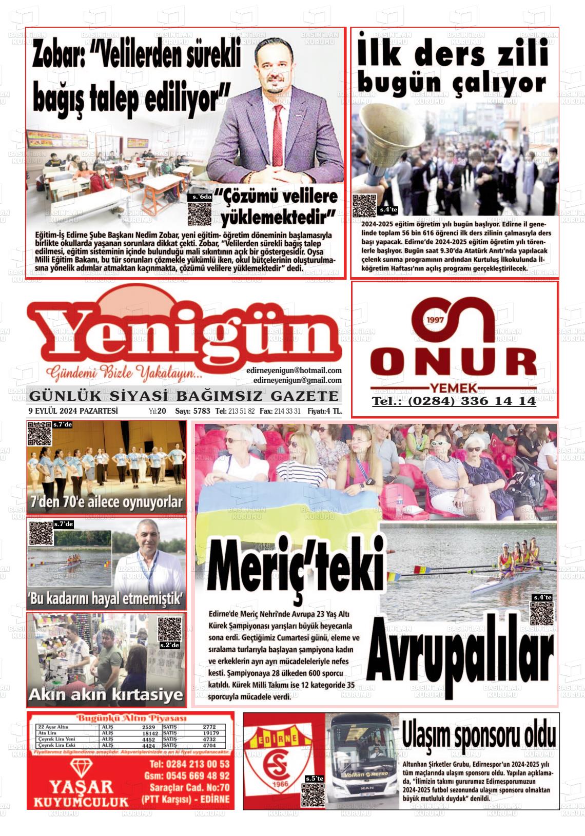 09 Eylül 2024 Edirne Yenigün Gazete Manşeti