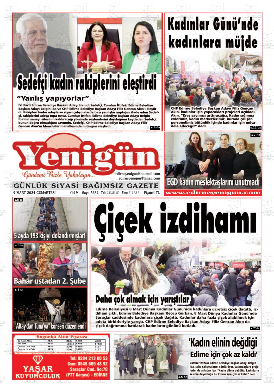 09 Mart 2024 Edirne Yenigün Gazete Manşeti