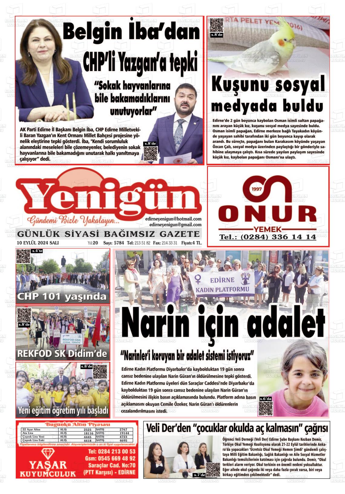 10 Eylül 2024 Edirne Yenigün Gazete Manşeti