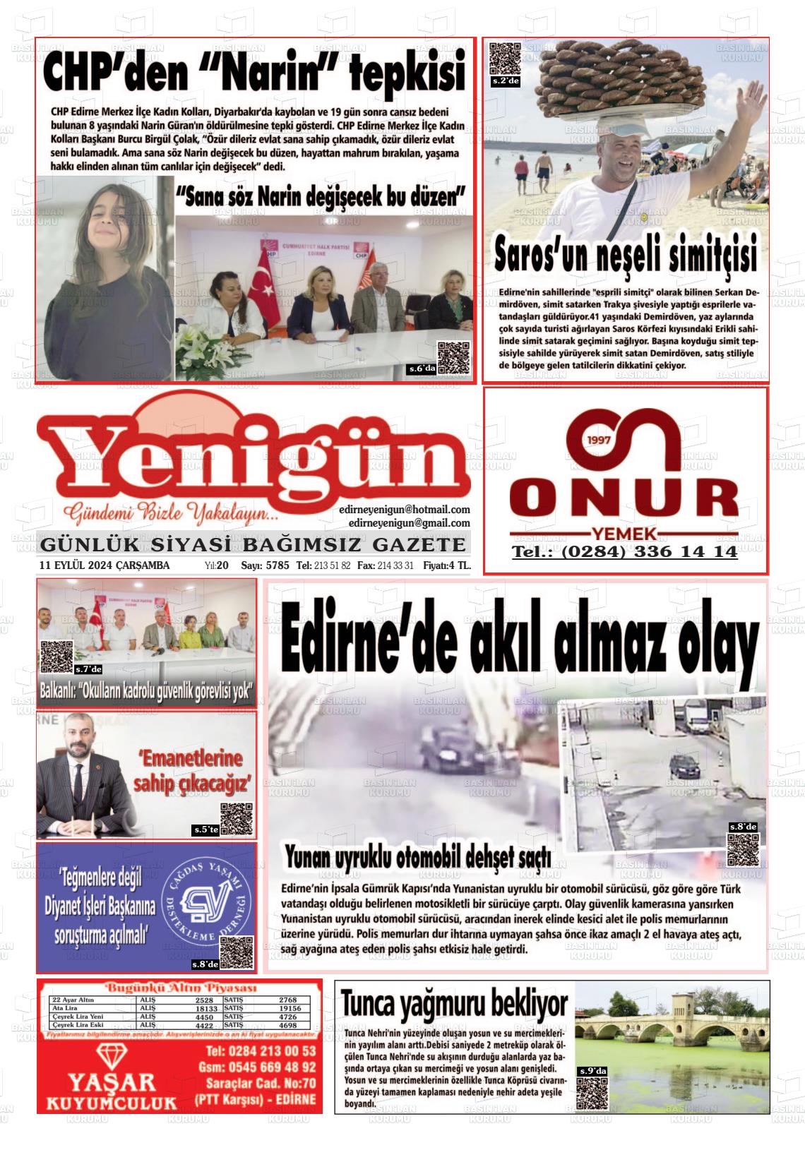 11 Eylül 2024 Edirne Yenigün Gazete Manşeti