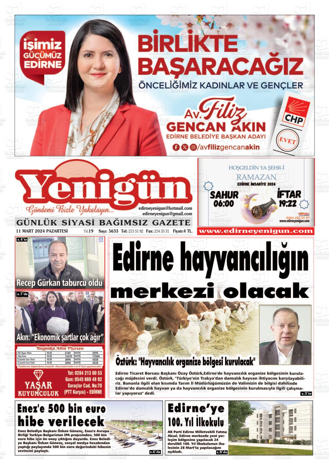 11 Mart 2024 Edirne Yenigün Gazete Manşeti