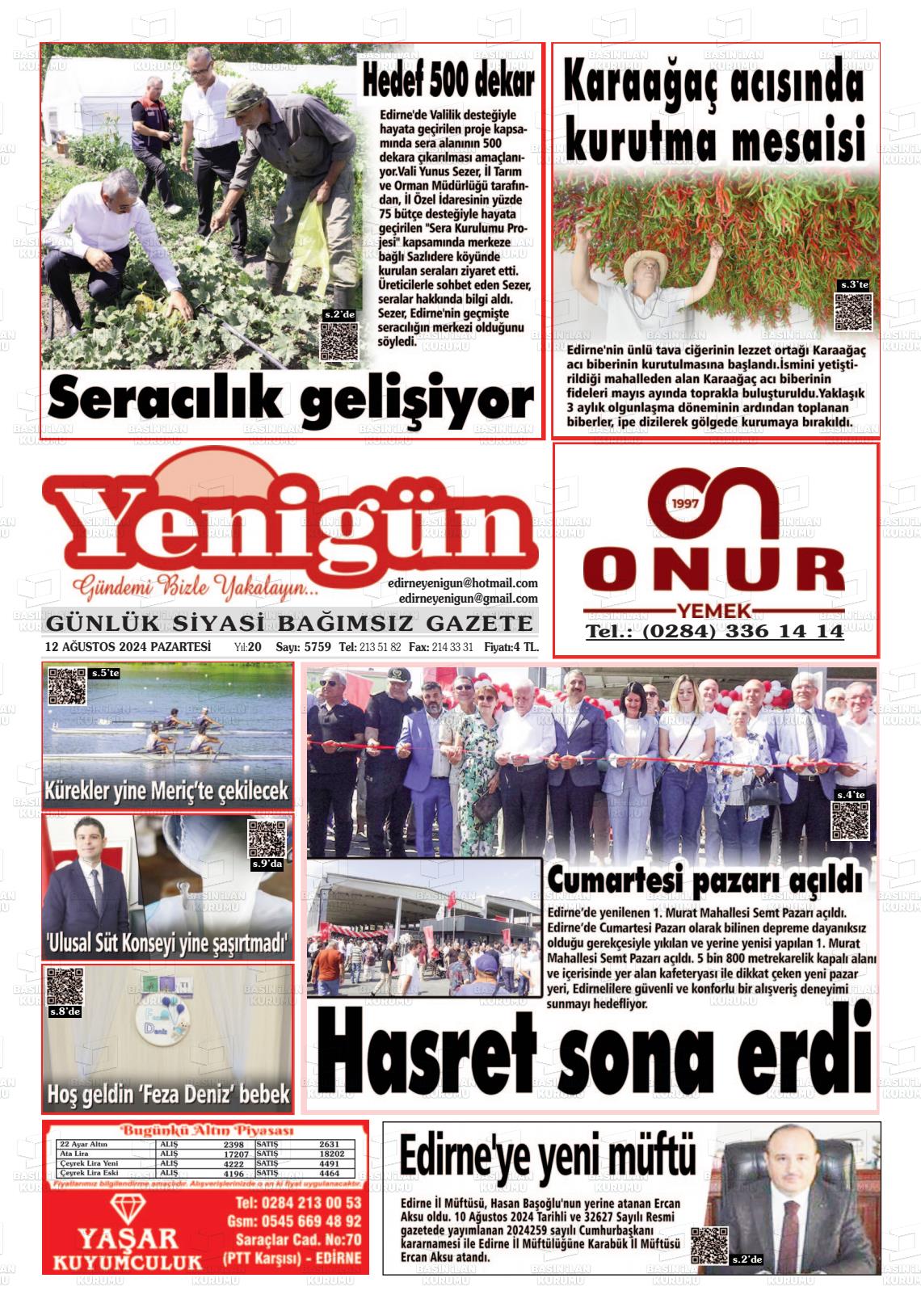 12 Ağustos 2024 Edirne Yenigün Gazete Manşeti