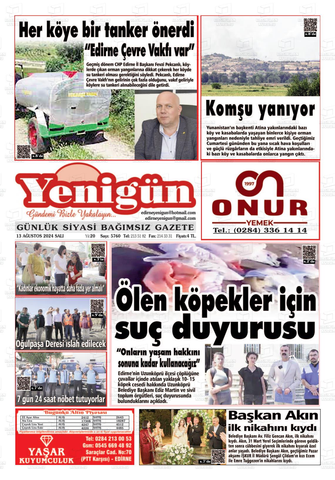 13 Ağustos 2024 Edirne Yenigün Gazete Manşeti