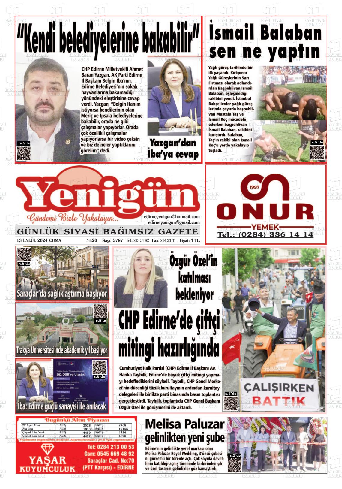 13 Eylül 2024 Edirne Yenigün Gazete Manşeti