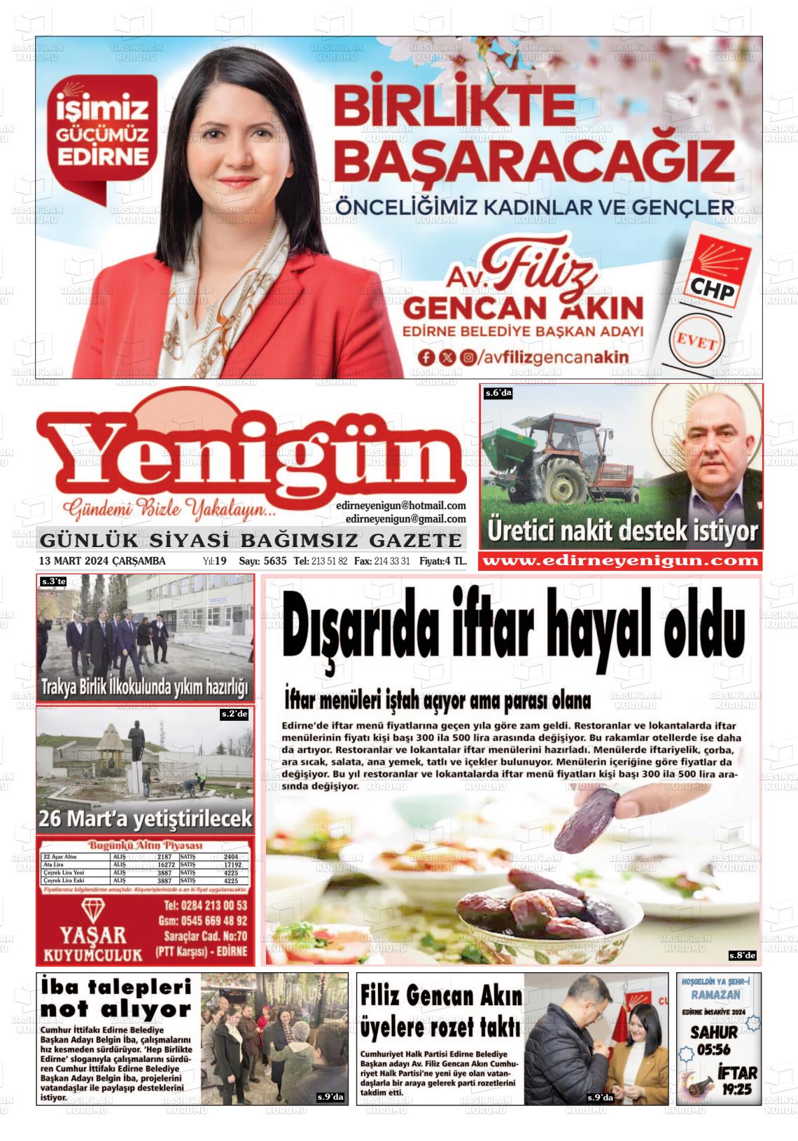 13 Mart 2024 Edirne Yenigün Gazete Manşeti