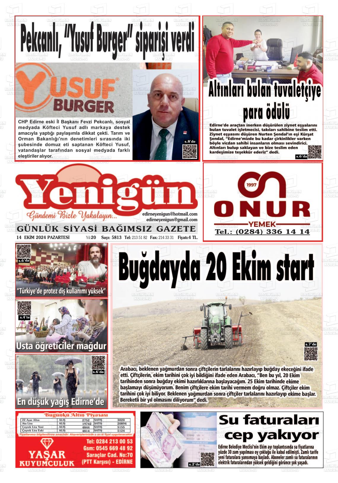 14 Ekim 2024 Edirne Yenigün Gazete Manşeti