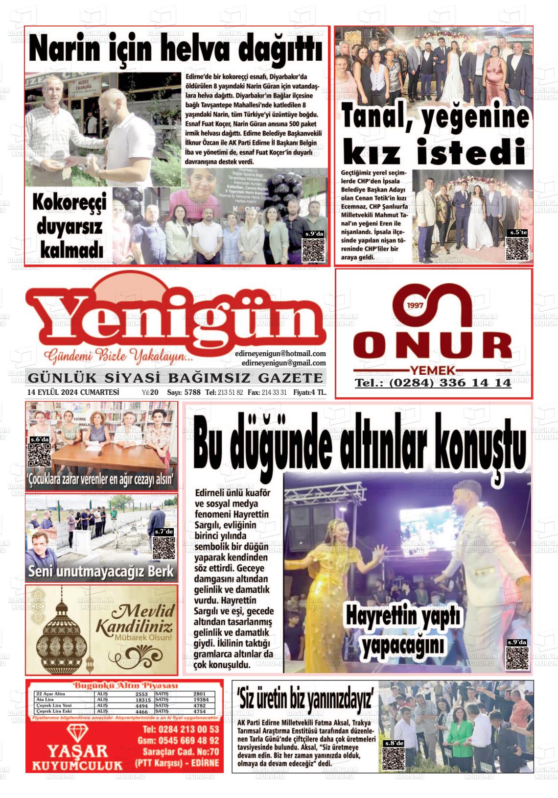 14 Eylül 2024 Edirne Yenigün Gazete Manşeti