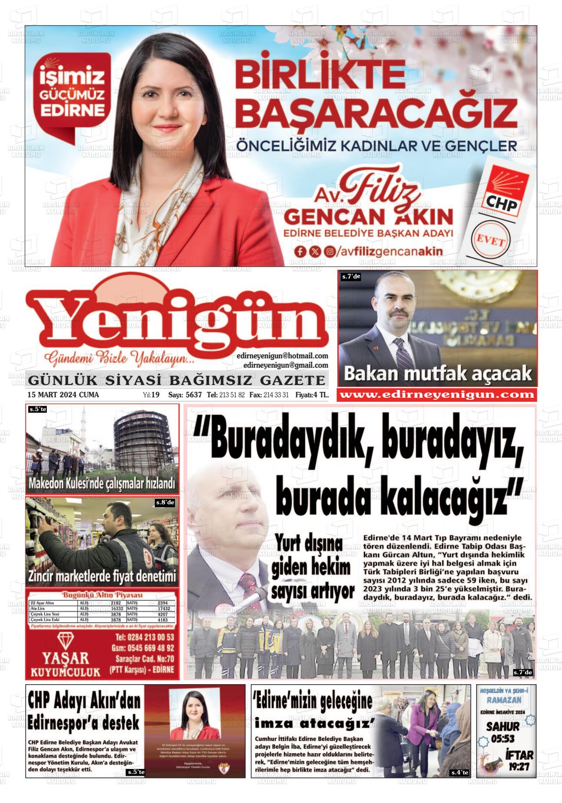 15 Mart 2024 Edirne Yenigün Gazete Manşeti