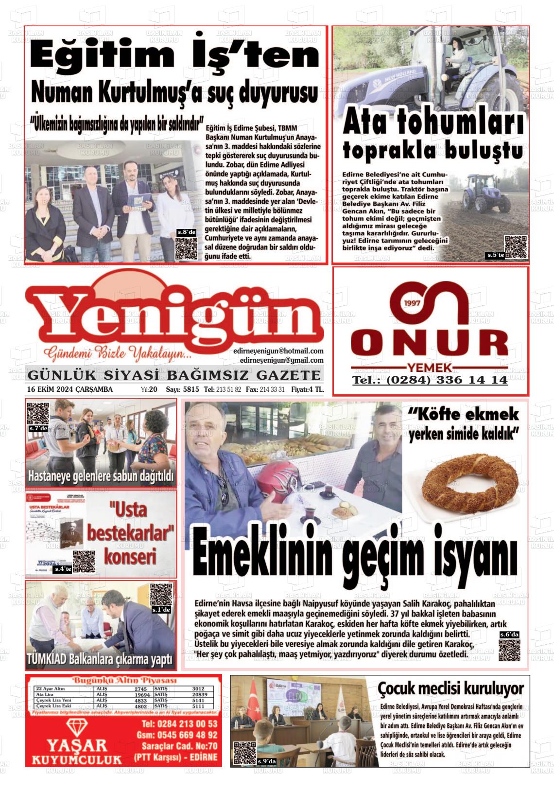 16 Ekim 2024 Edirne Yenigün Gazete Manşeti