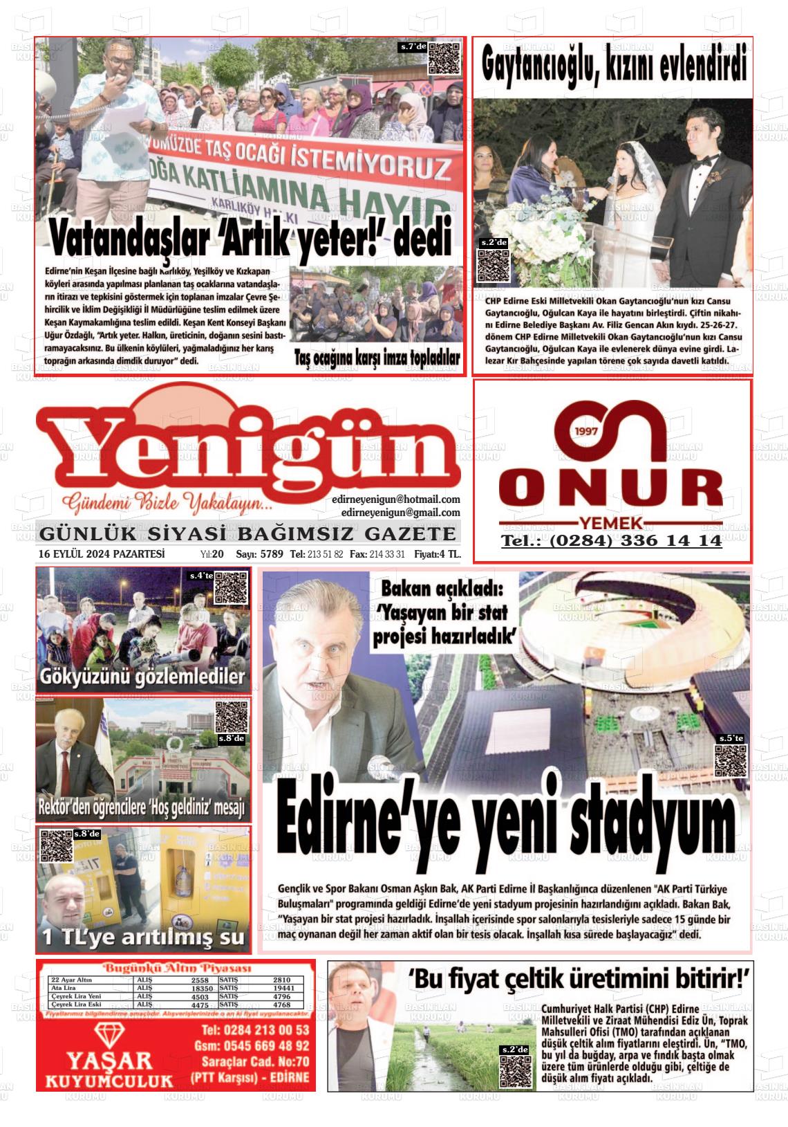 16 Eylül 2024 Edirne Yenigün Gazete Manşeti