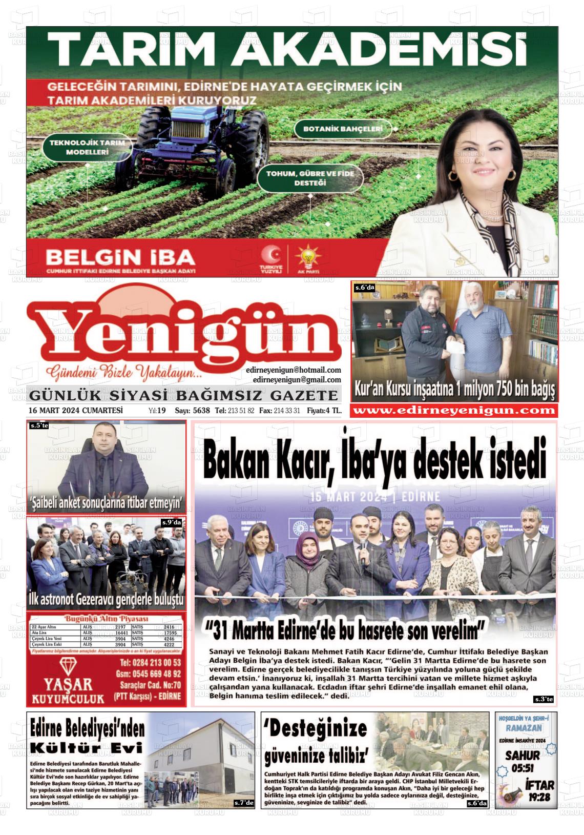 16 Mart 2024 Edirne Yenigün Gazete Manşeti