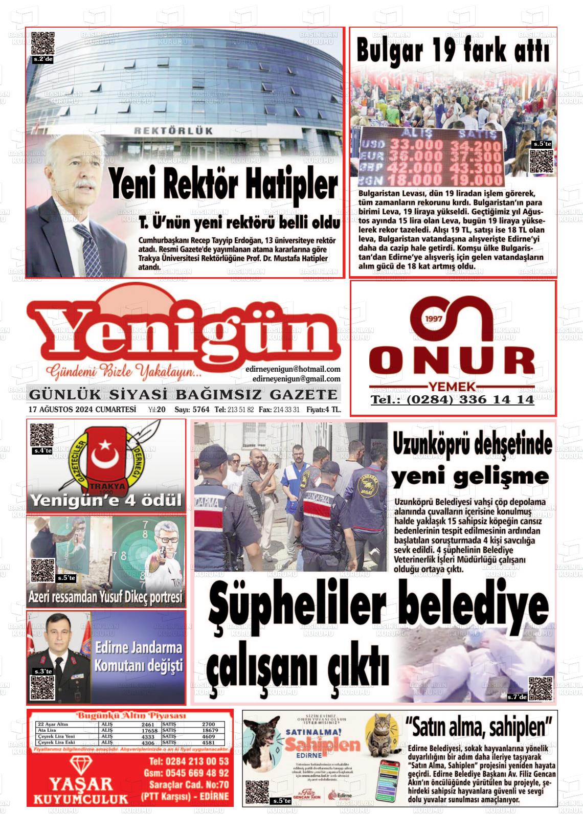 17 Ağustos 2024 Edirne Yenigün Gazete Manşeti