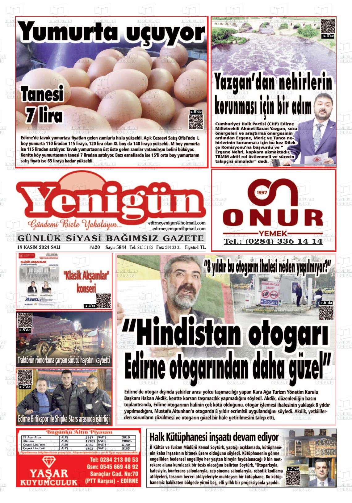 19 Kasım 2024 Edirne Yenigün Gazete Manşeti