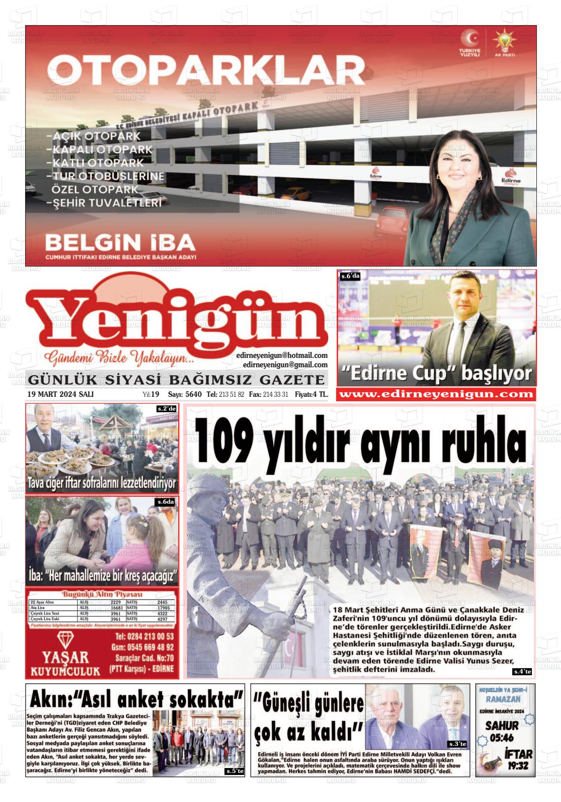 19 Mart 2024 Edirne Yenigün Gazete Manşeti