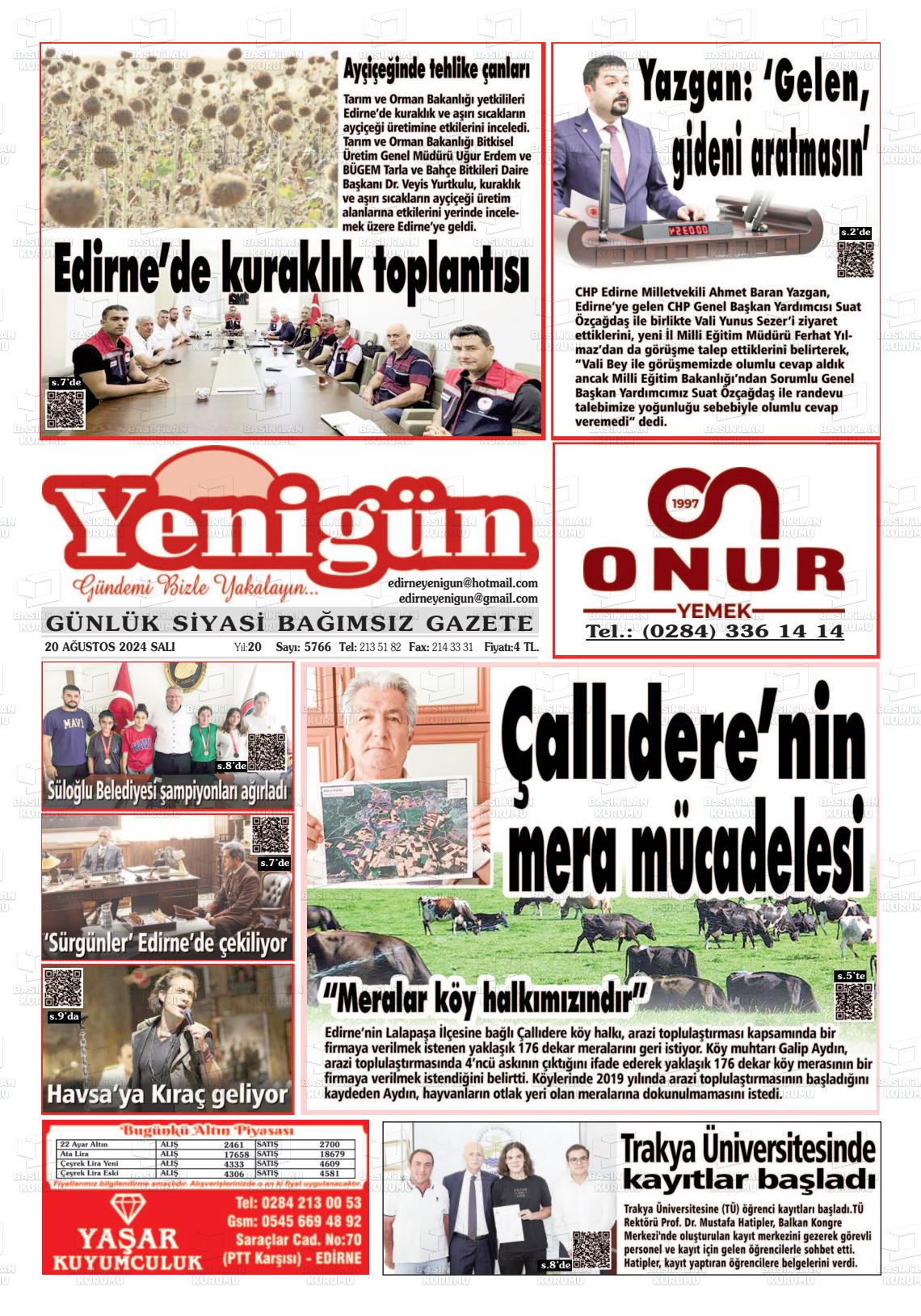 20 Ağustos 2024 Edirne Yenigün Gazete Manşeti