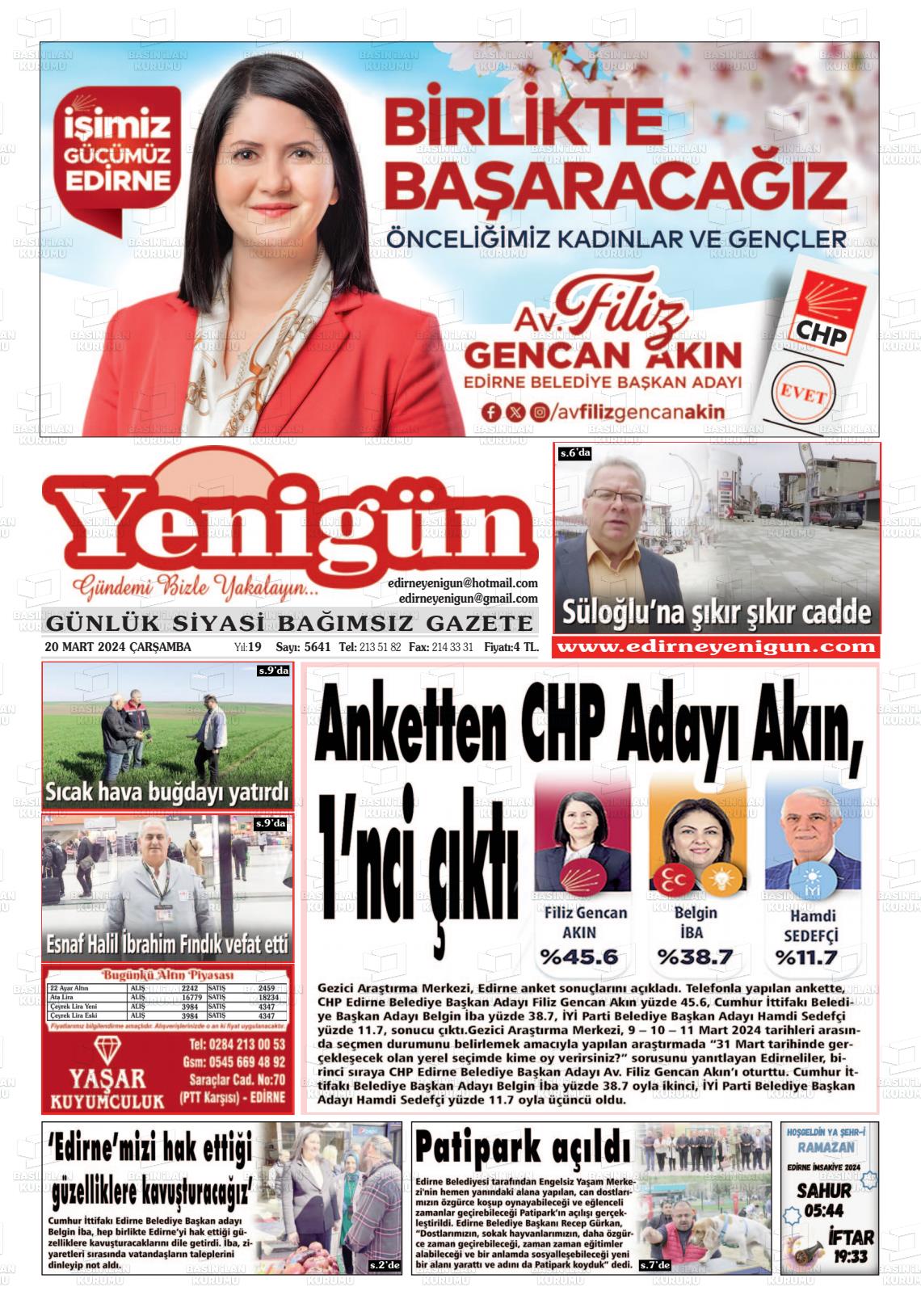 20 Mart 2024 Edirne Yenigün Gazete Manşeti