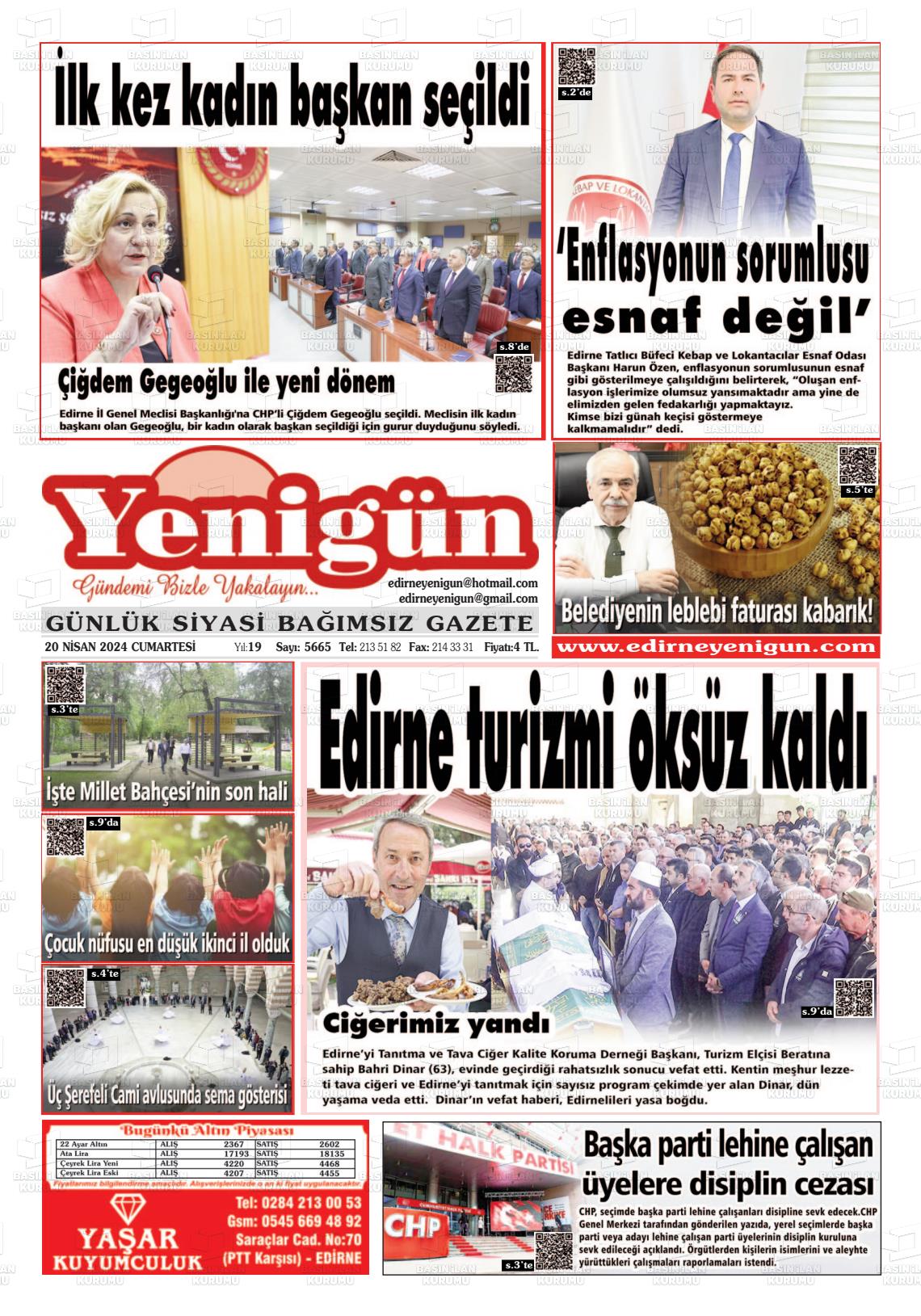 20 Nisan 2024 Edirne Yenigün Gazete Manşeti