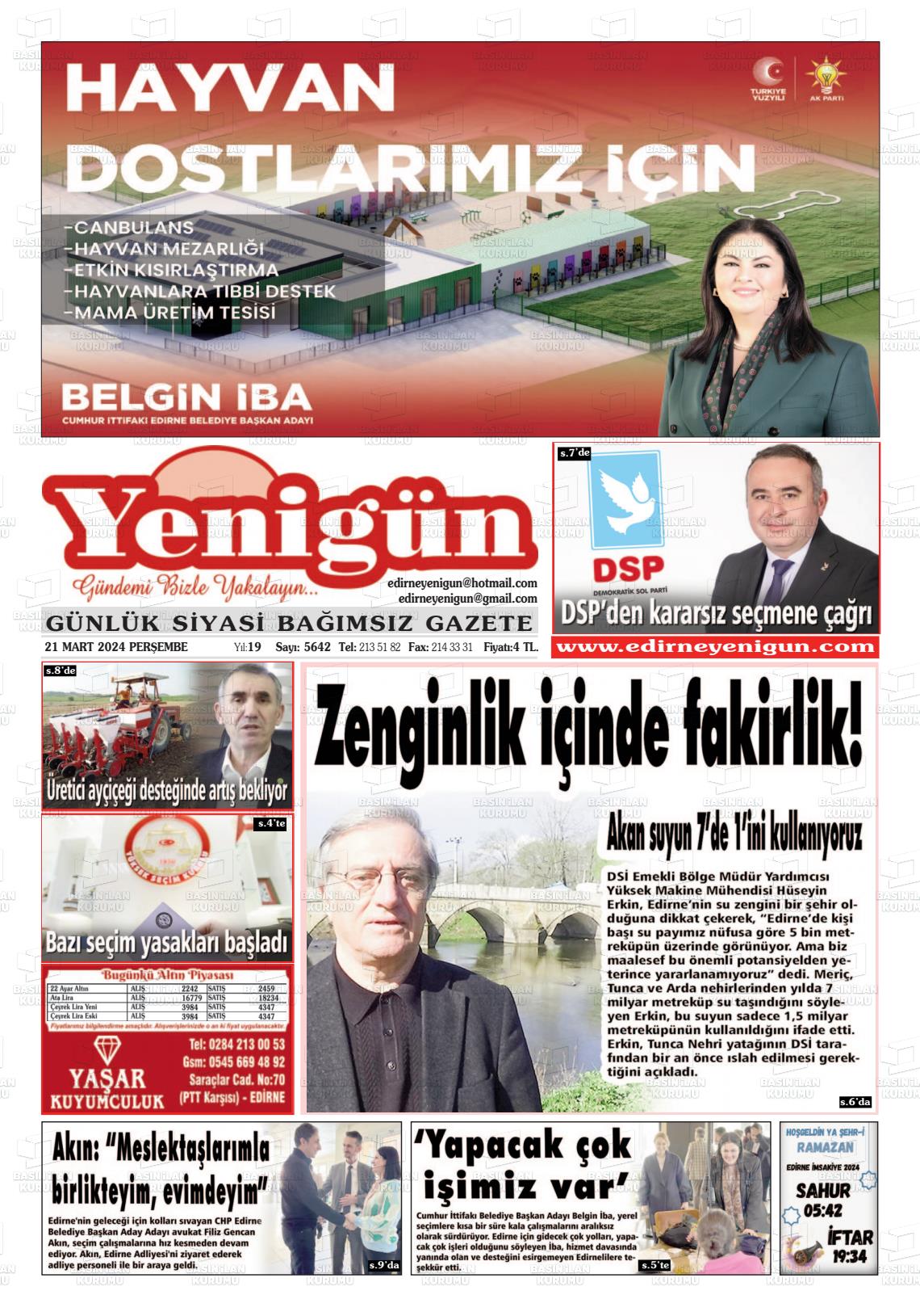 21 Mart 2024 Edirne Yenigün Gazete Manşeti