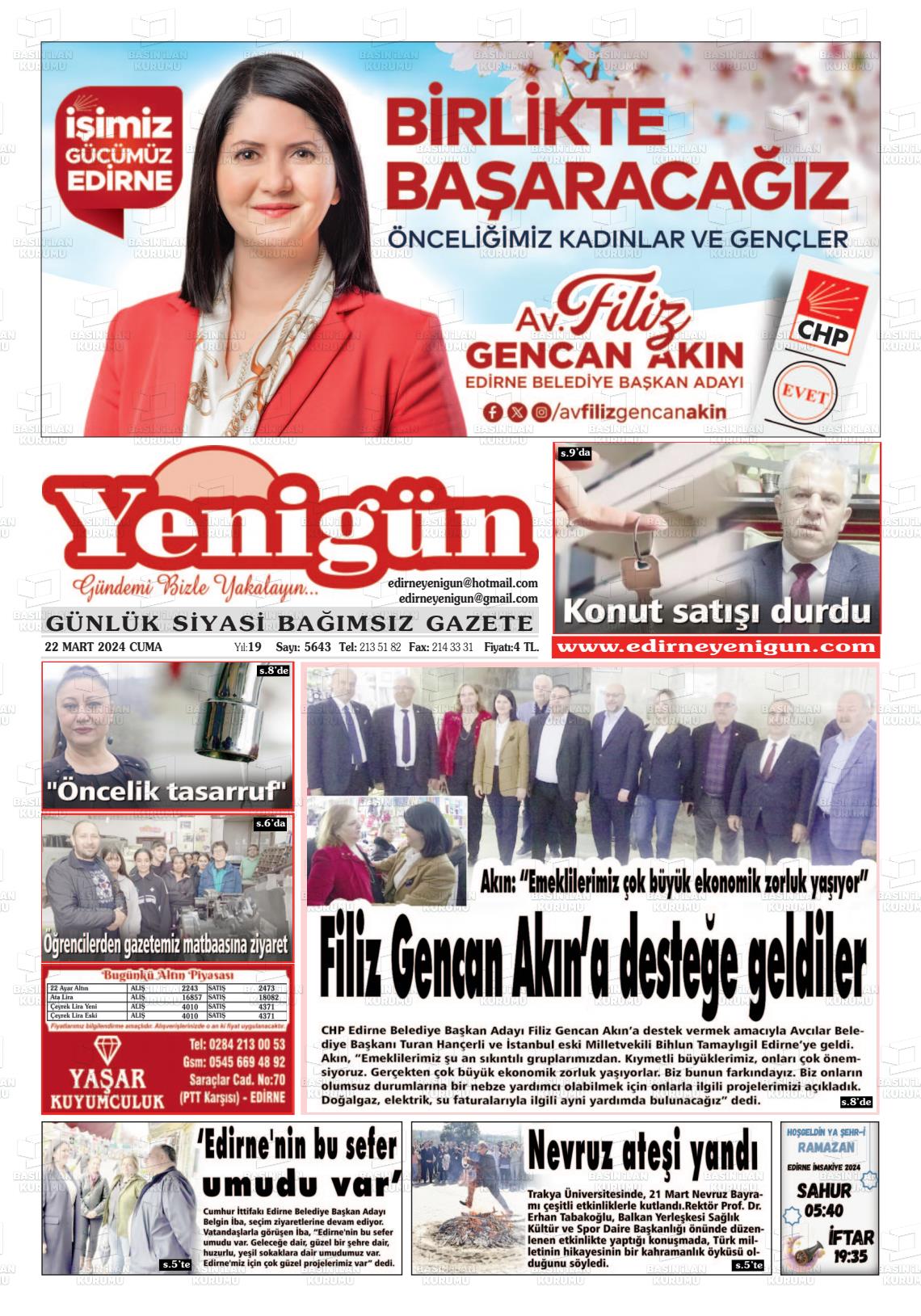 22 Mart 2024 Edirne Yenigün Gazete Manşeti