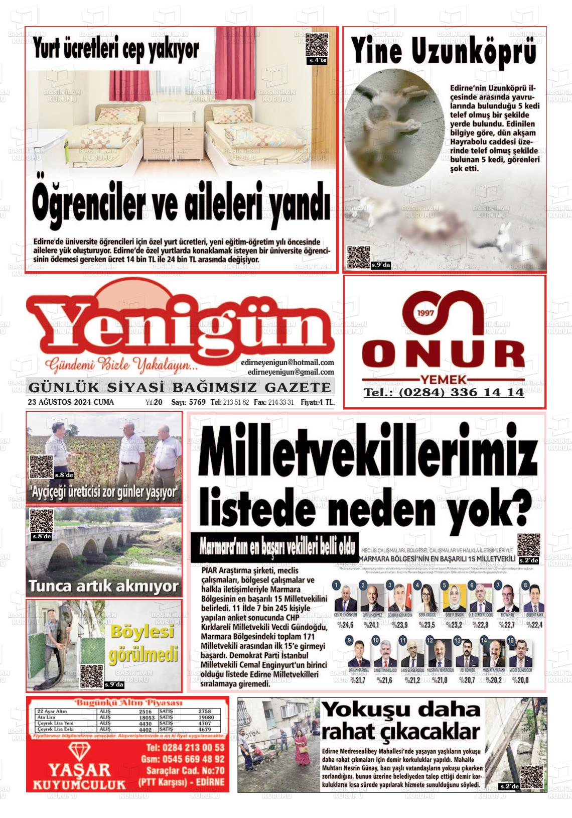 23 Ağustos 2024 Edirne Yenigün Gazete Manşeti