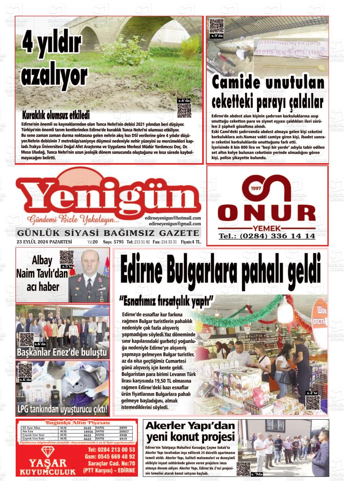 23 Eylül 2024 Edirne Yenigün Gazete Manşeti