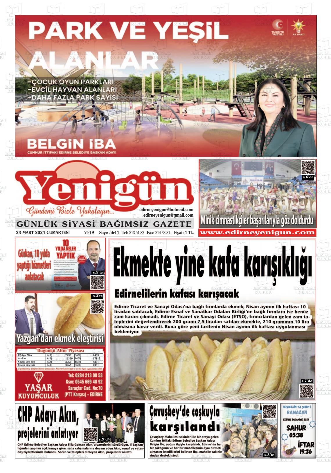 23 Mart 2024 Edirne Yenigün Gazete Manşeti