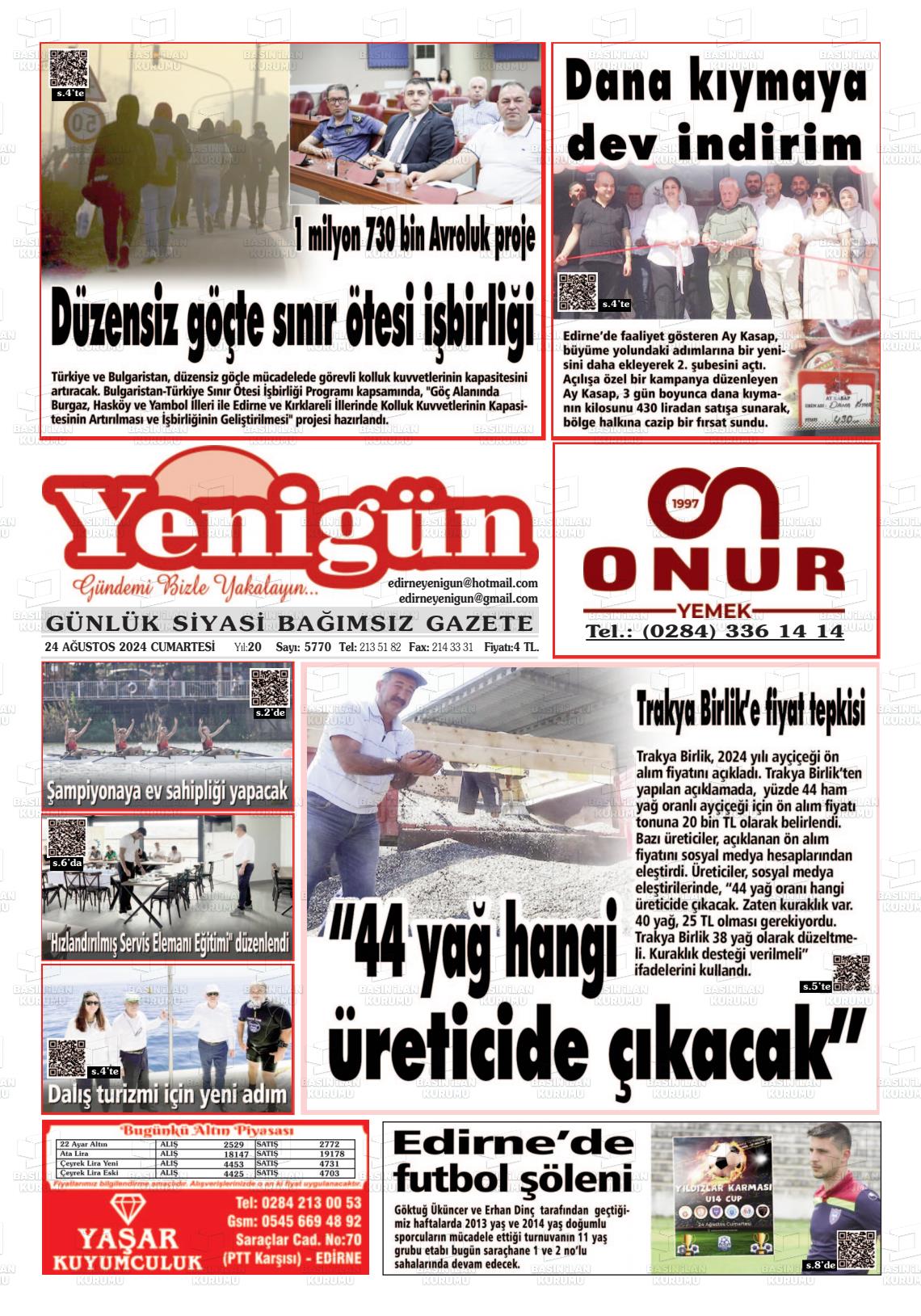 24 Ağustos 2024 Edirne Yenigün Gazete Manşeti