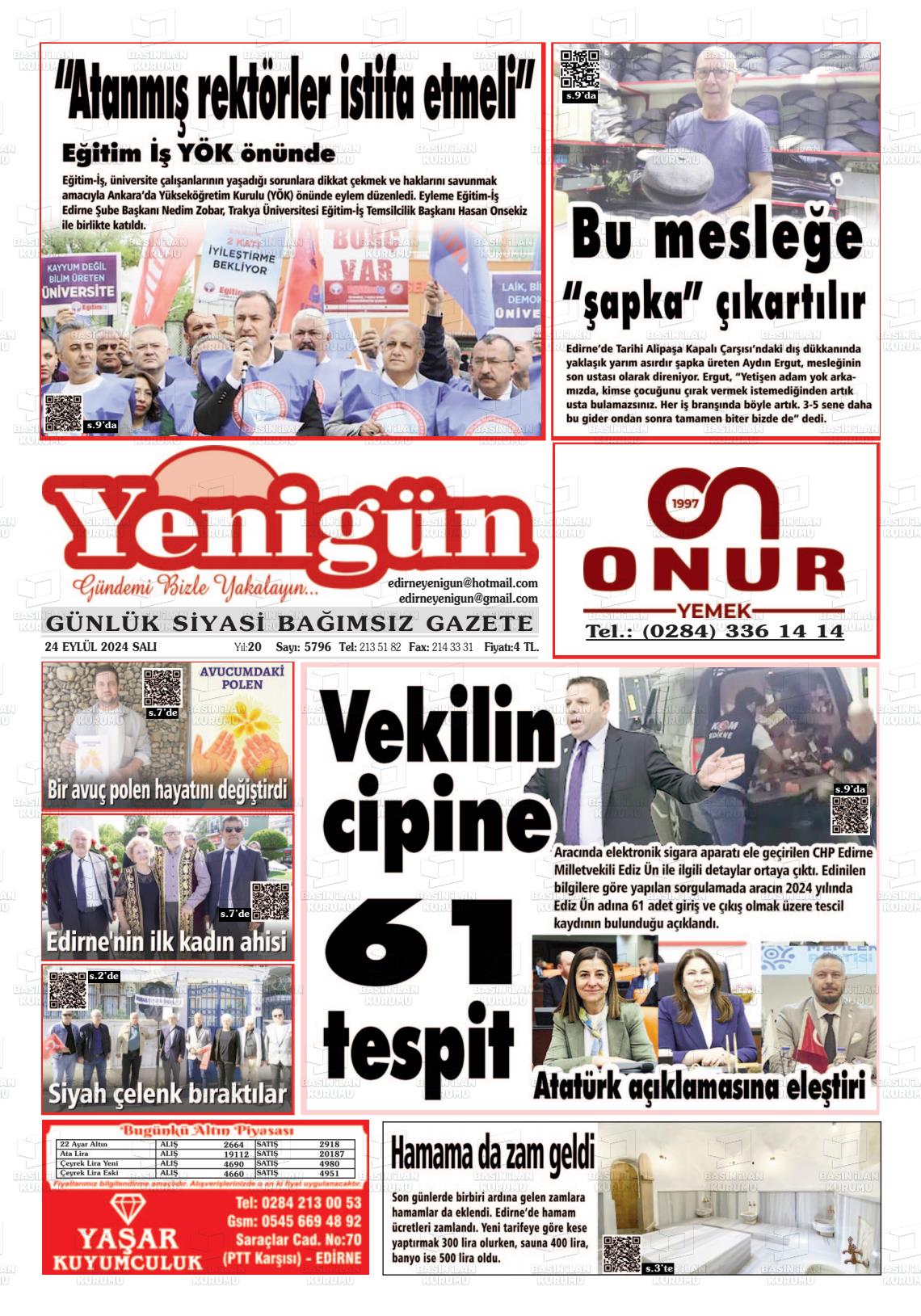 25 Eylül 2024 Edirne Yenigün Gazete Manşeti