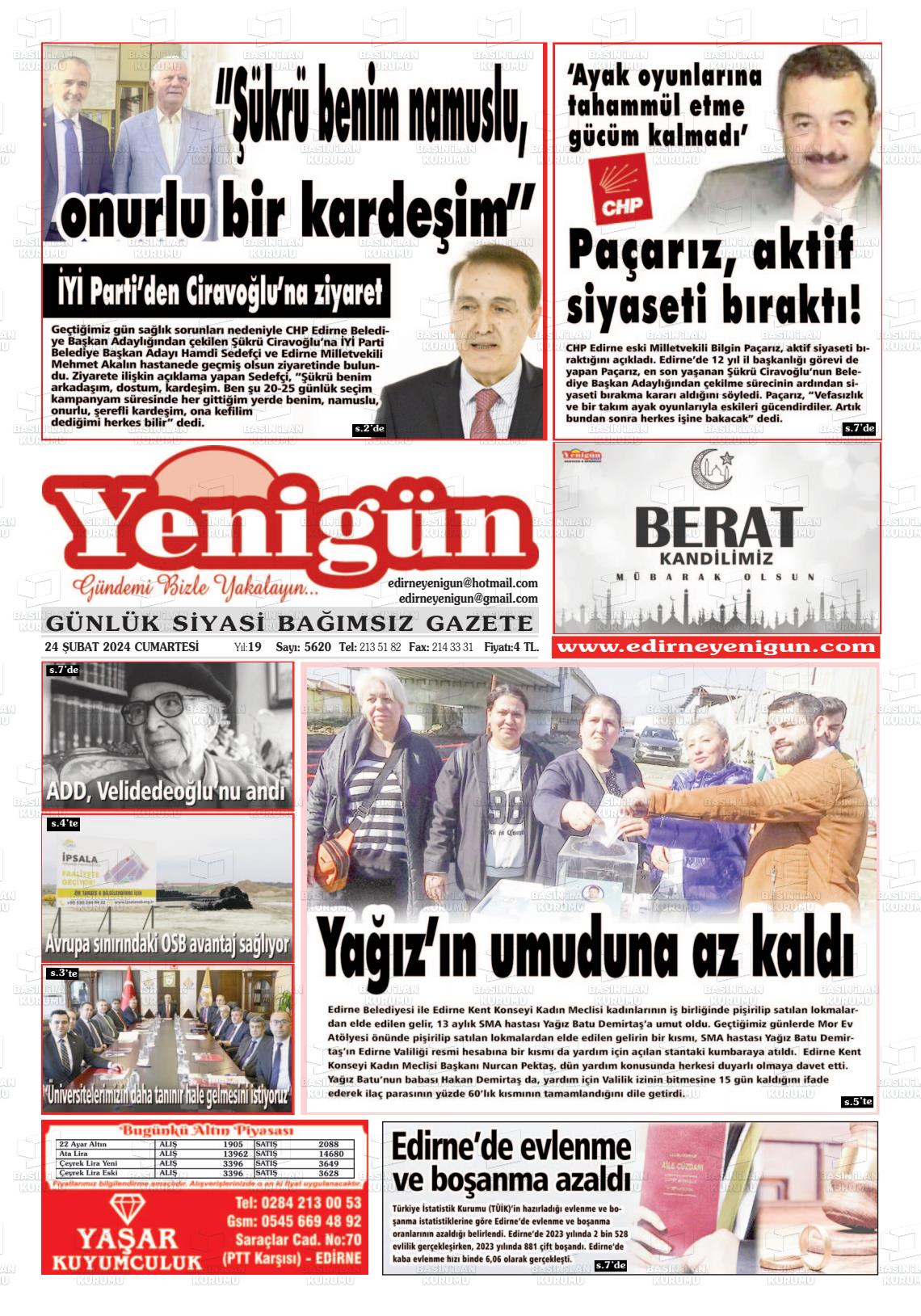 24 Şubat 2024 Edirne Yenigün Gazete Manşeti