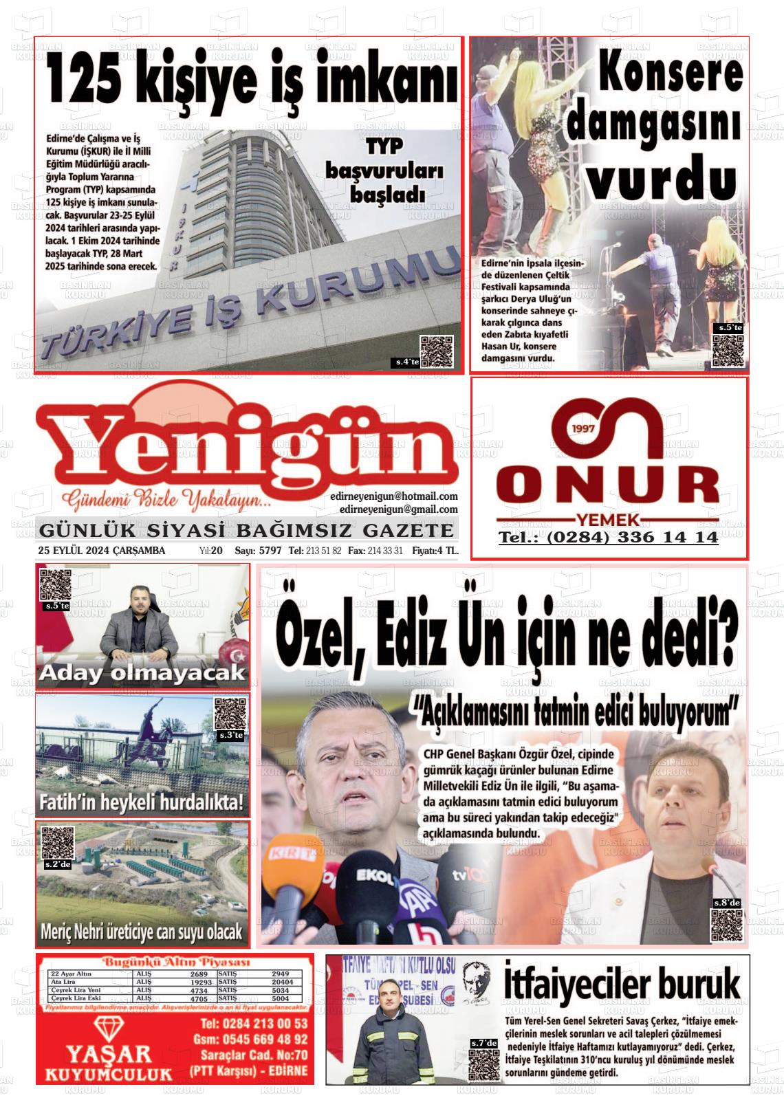 25 Eylül 2024 Edirne Yenigün Gazete Manşeti