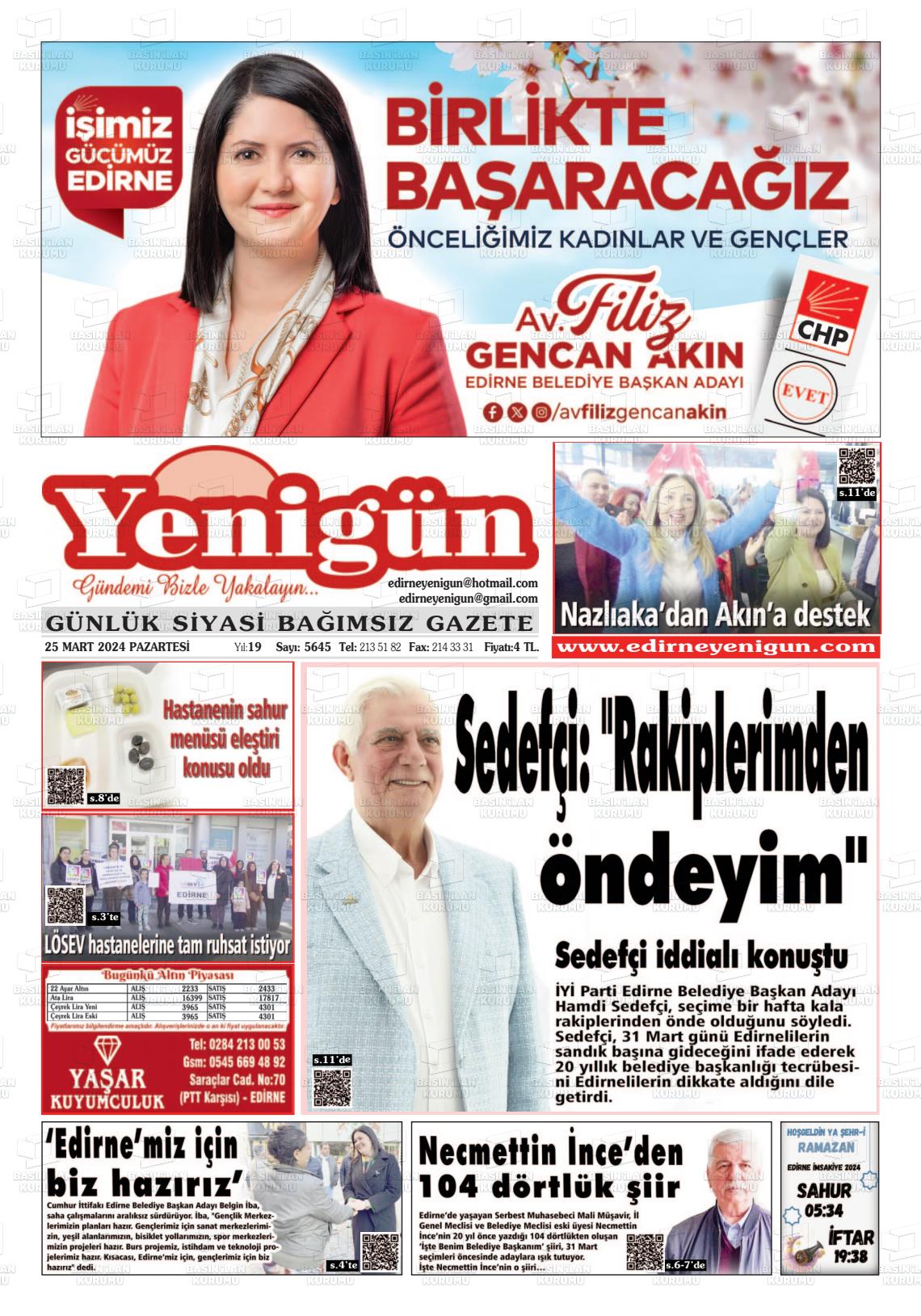 25 Mart 2024 Edirne Yenigün Gazete Manşeti