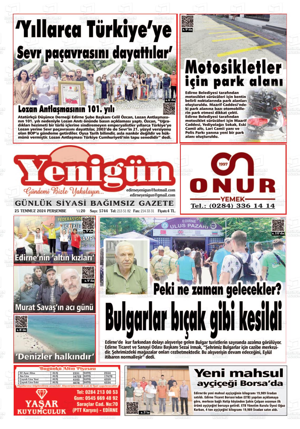 25 Temmuz 2024 Edirne Yenigün Gazete Manşeti