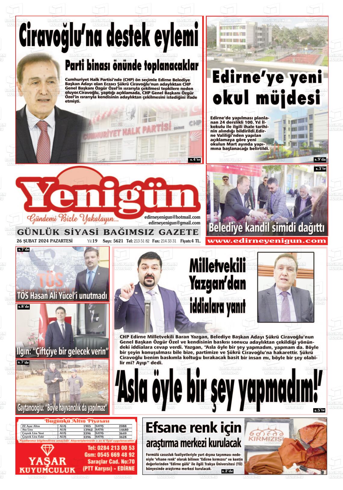 26 Şubat 2024 Edirne Yenigün Gazete Manşeti