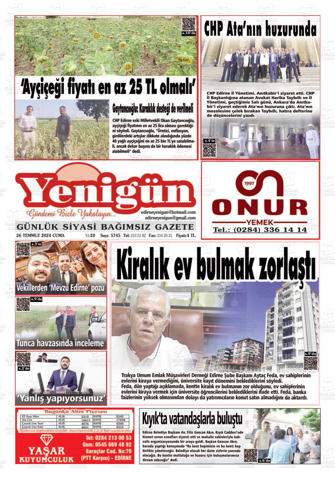 27 Temmuz 2024 Edirne Yenigün Gazete Manşeti